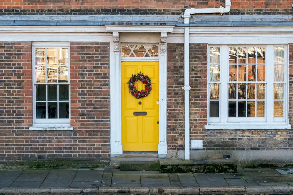 Yellow front door on a red-brick Victorian house – residential locksmith Hucknall front door security check by Locksmith Hucknall